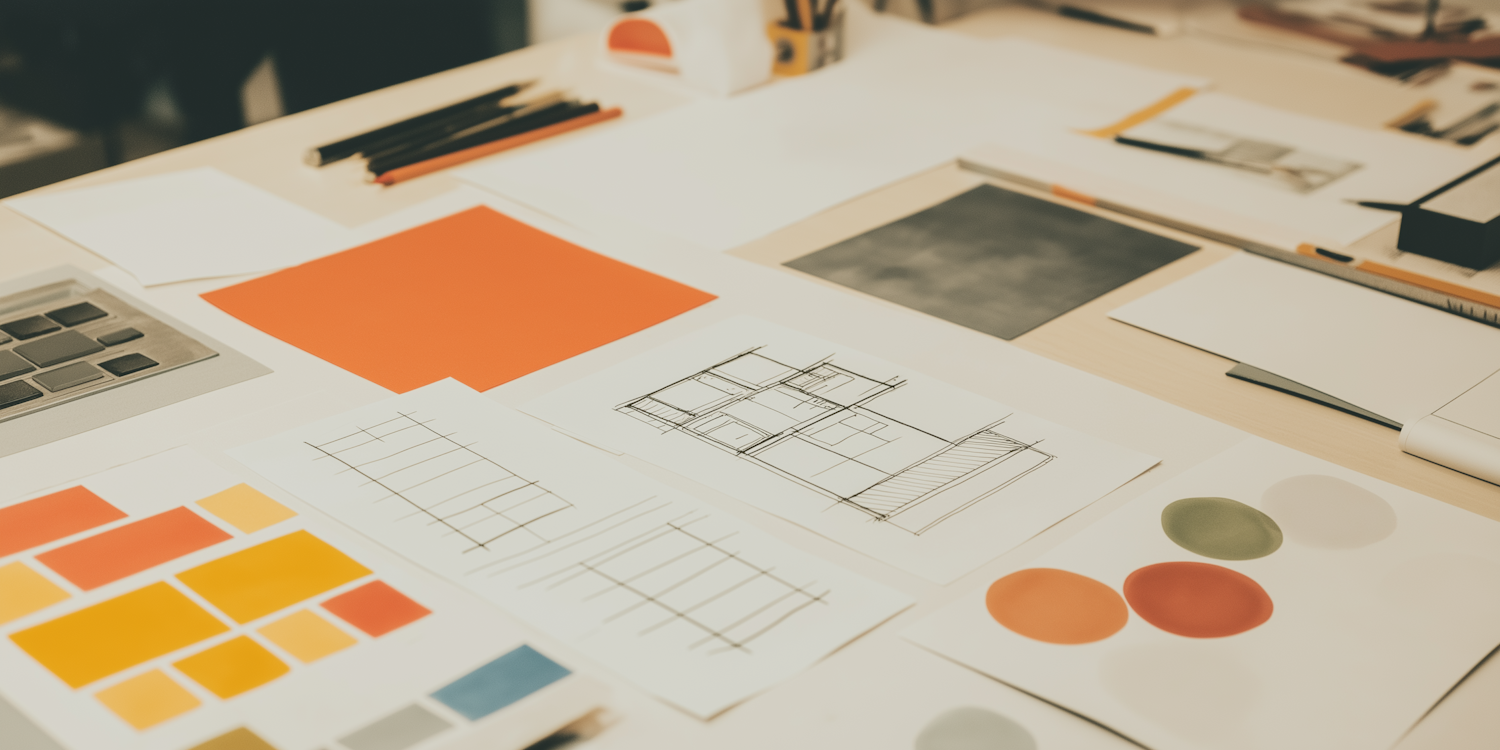 Sketches, colour swatches, and drawing tools on a working desk