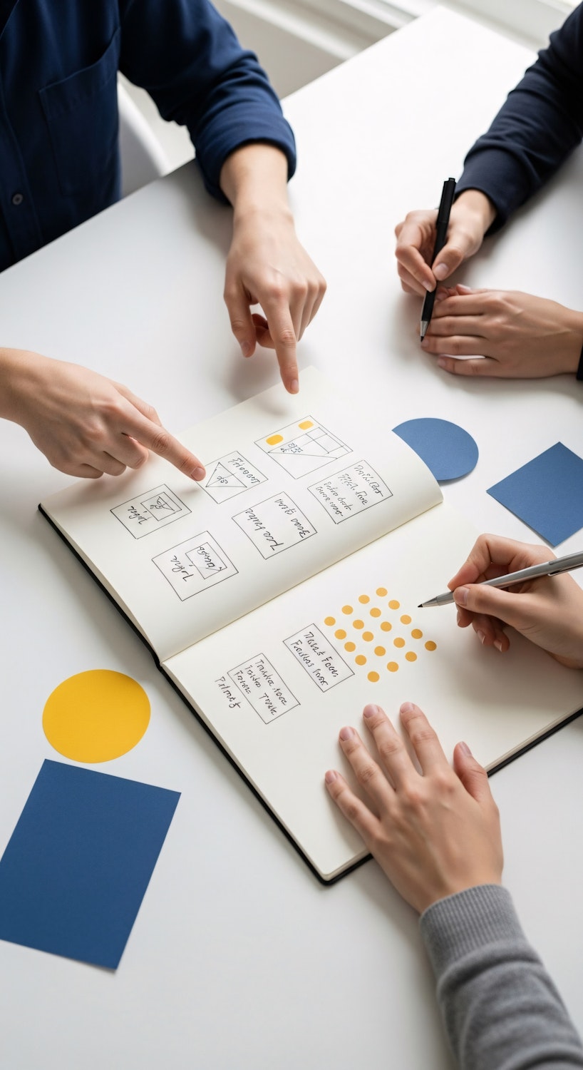 Three people sketching ideas together around a table